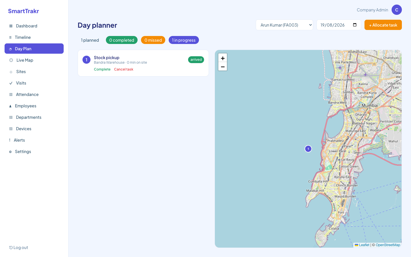 SmartTrakr day plan showing each stop and whether arrival was verified