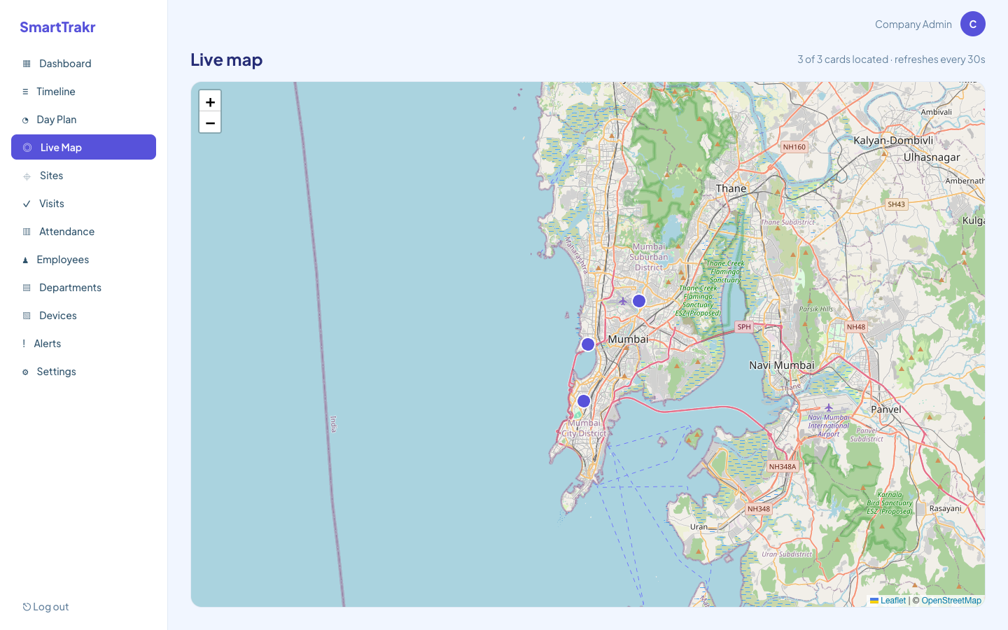SmartTrakr live map showing three tracked cards across Mumbai